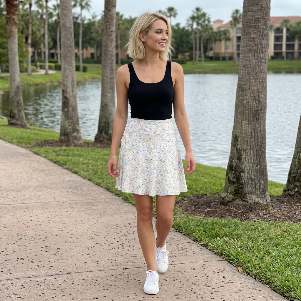 Autograph skirt walking beside resort lake