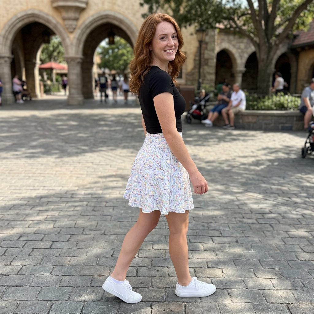 Autograph skirt walking through courtyard