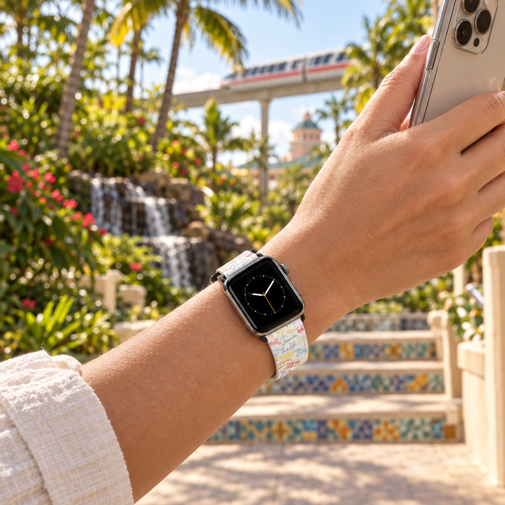 Autograph watchband along a resort waterfall pathway