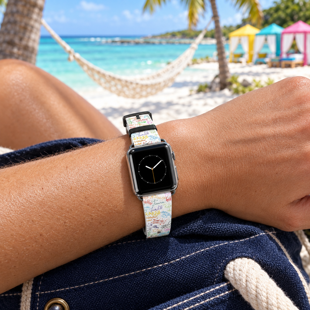 Autograph watchband at a tropical beach with hammock and cabanas