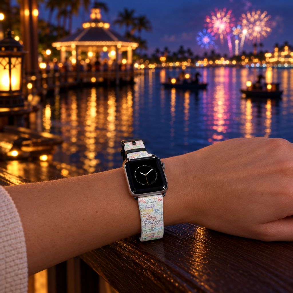 Autograph watchband beside a glowing lagoon gazebo