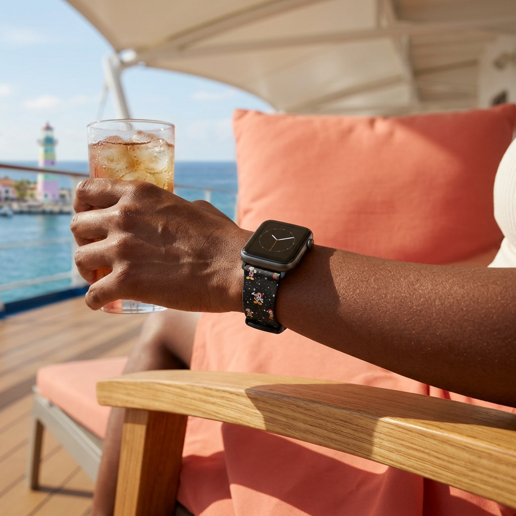 Black festive watchband on a cruise deck