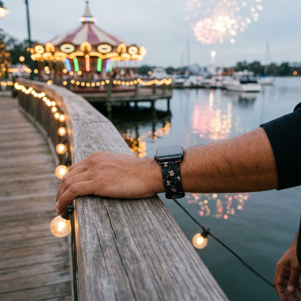 Black festive watchband with waterfront carousel lights and fireworks