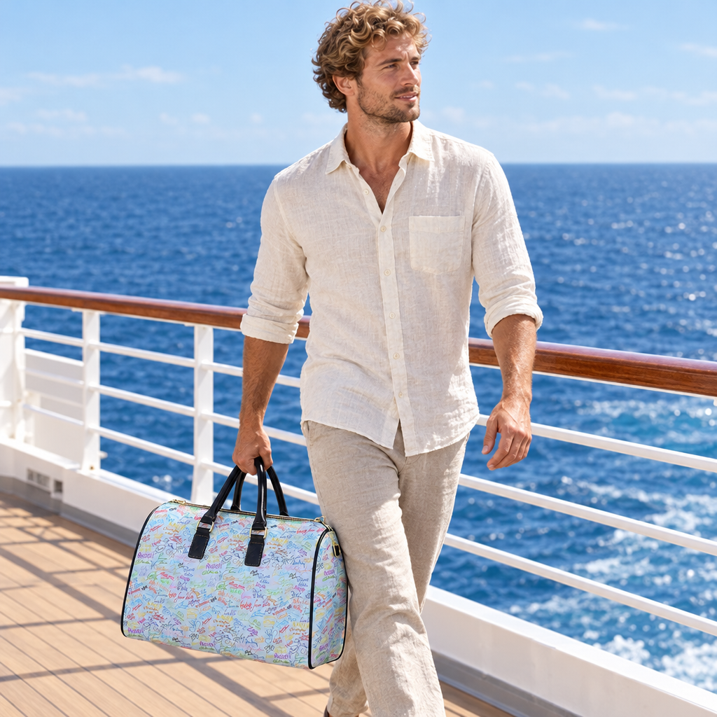 Blue autograph bag ship deck traveler