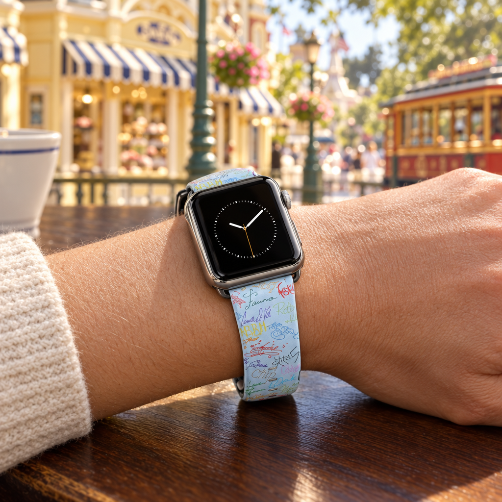 Blue autograph watchband at a Main Street bakery café