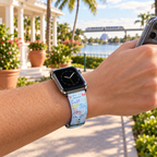 Blue autograph watchband securely fastened at a resort