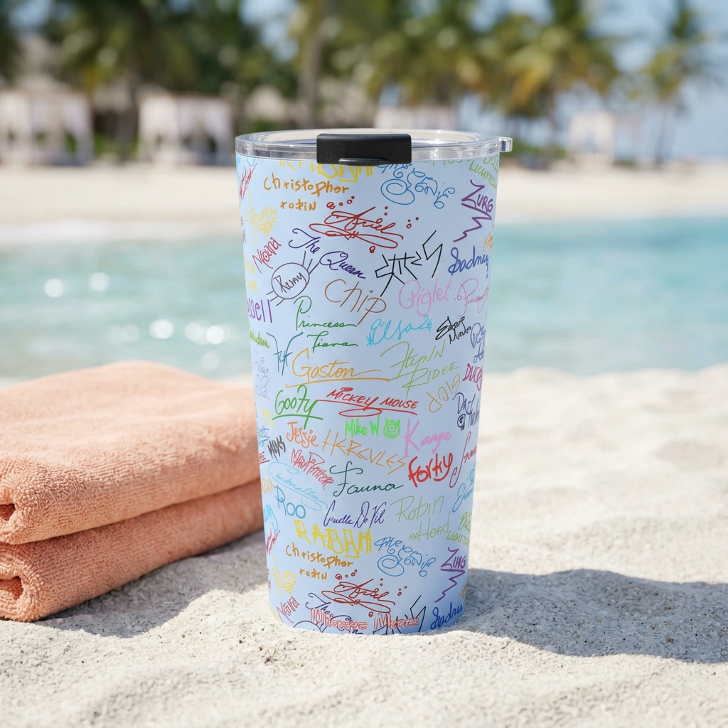 Blue Autographs tumbler beside a peach towel on a tropical beach