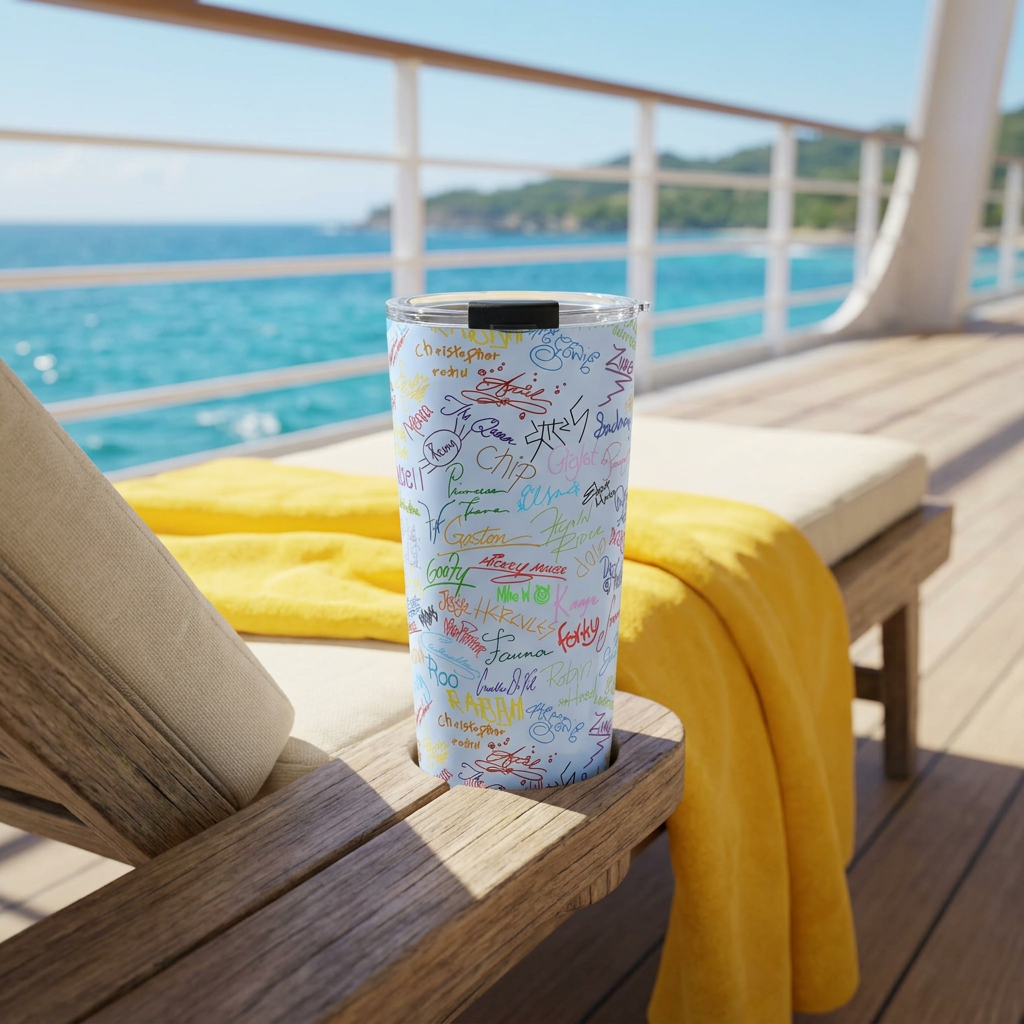 Blue Autographs tumbler on a cruise lounger overlooking a tropical peninsula