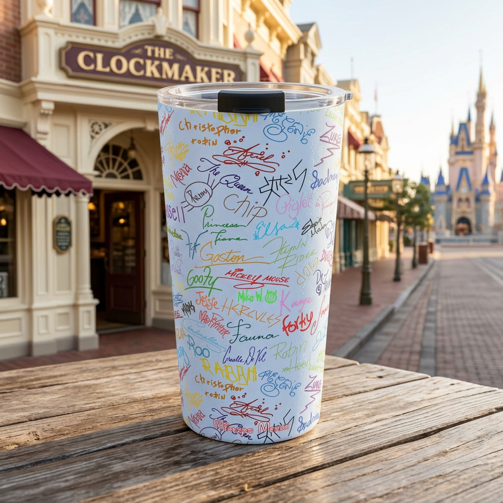 Blue Autographs tumbler outside a Victorian clockmaker storefront