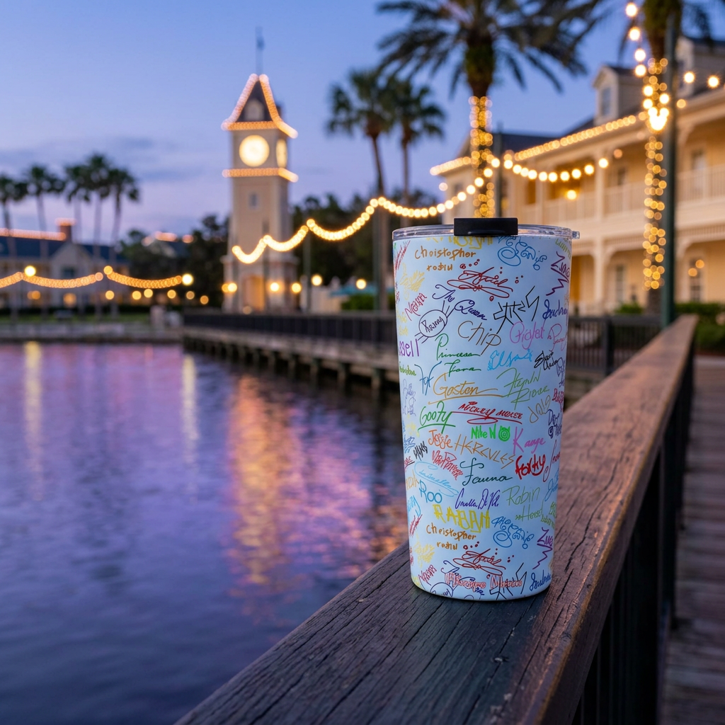 Blue Autographs tumbler overlooking a glowing waterfront clocktower