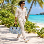 Blue checkerboard bag island walkway