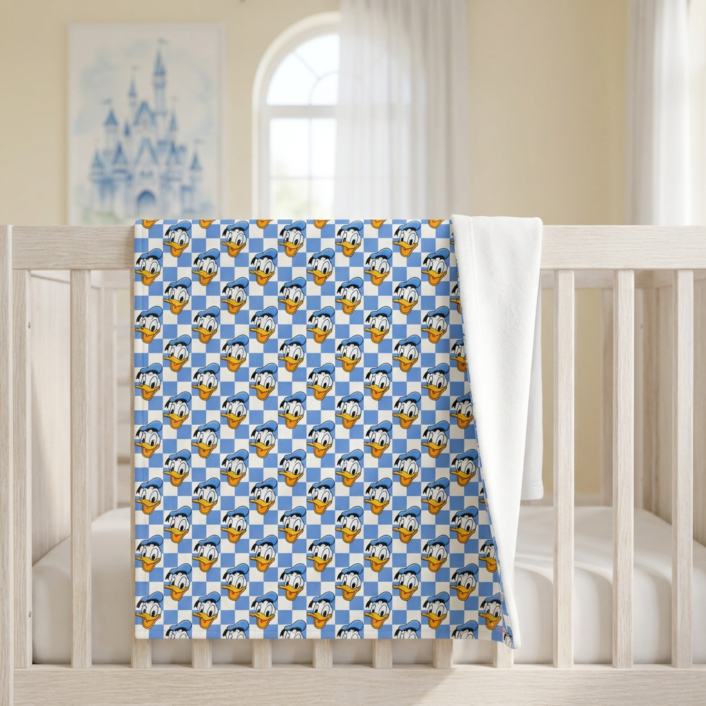 Blue Checkerboard Donald blanket in a buttercream nursery