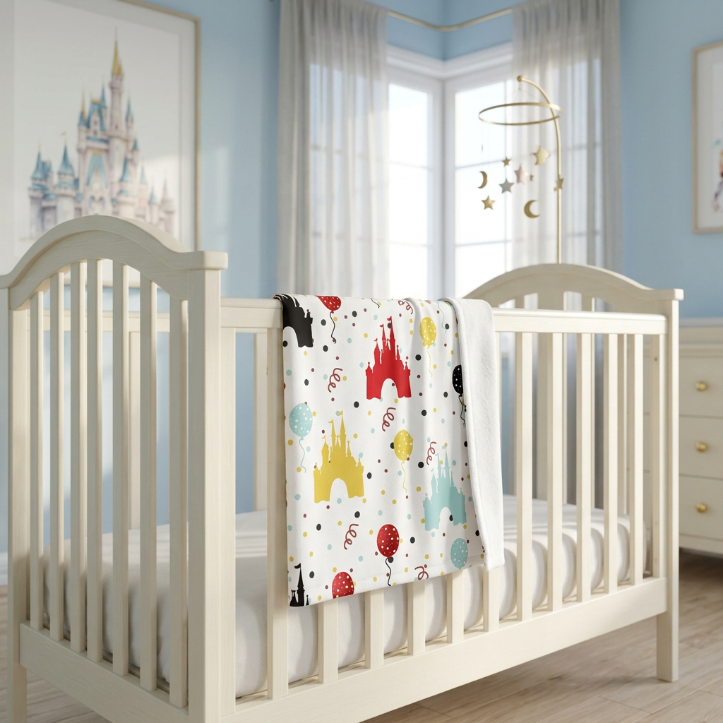 Castle Celebration blanket in a sky-blue nursery