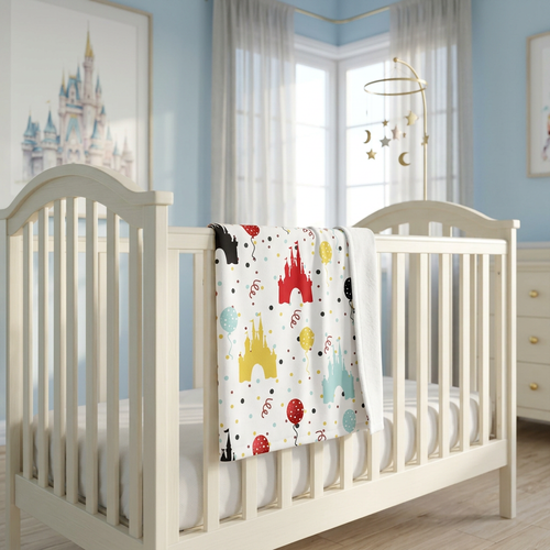Castle Celebration blanket in a sky-blue nursery