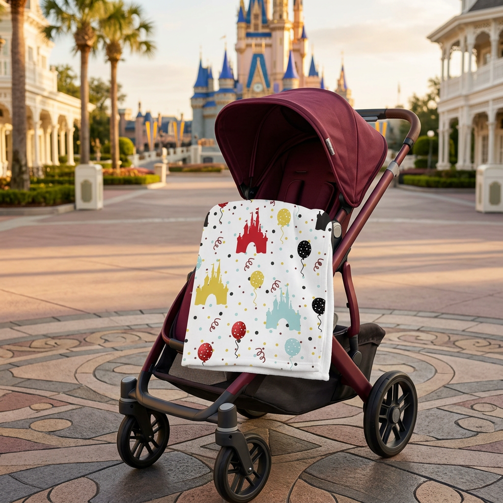 Castle Celebration blanket on a burgundy stroller with a castle backdrop