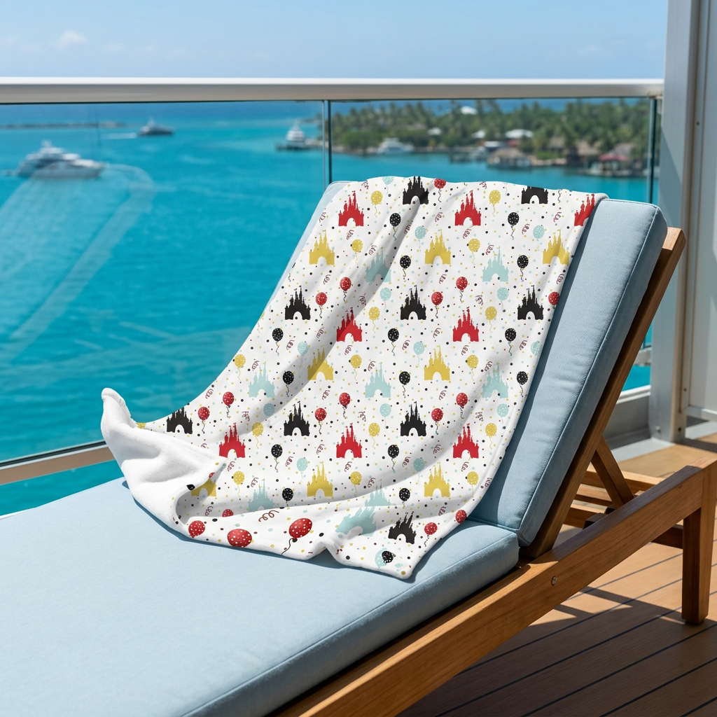 Castle Celebration blanket on a cruise balcony lounge chair
