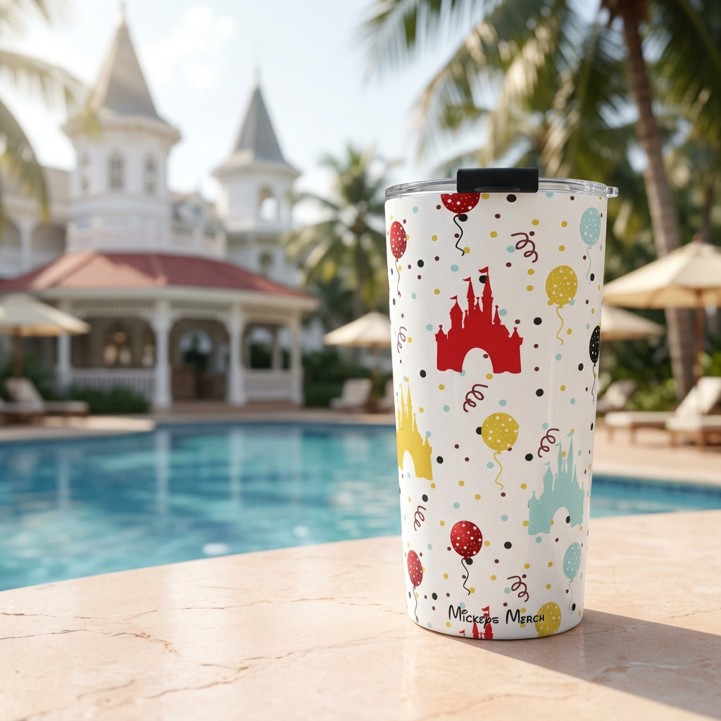 Castle Celebration tumbler beside a Victorian tropical resort pool