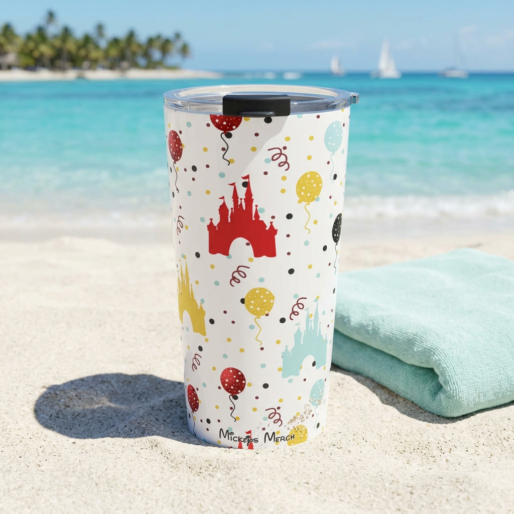 Castle Celebration tumbler beside an aqua towel overlooking tropical sailboats