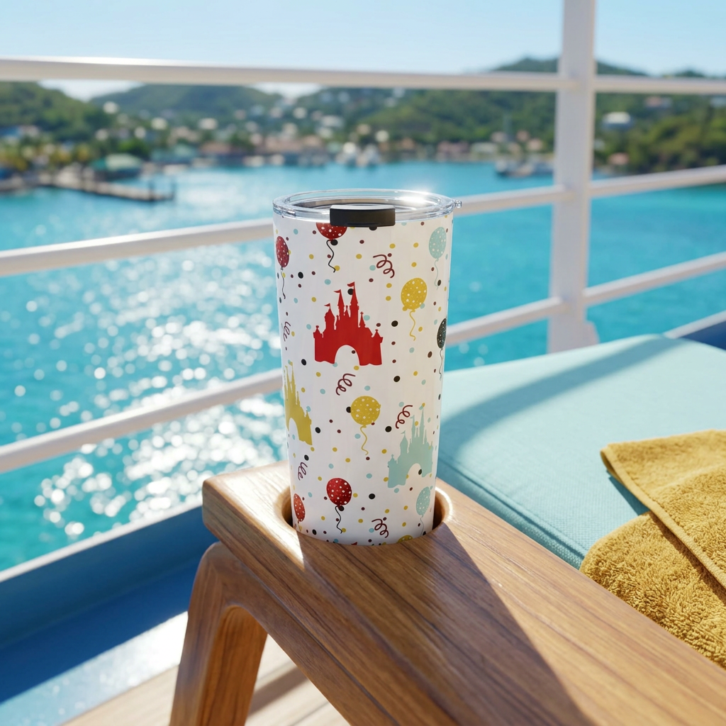 Castle Celebration tumbler on a cruise lounger overlooking a tropical harbor
