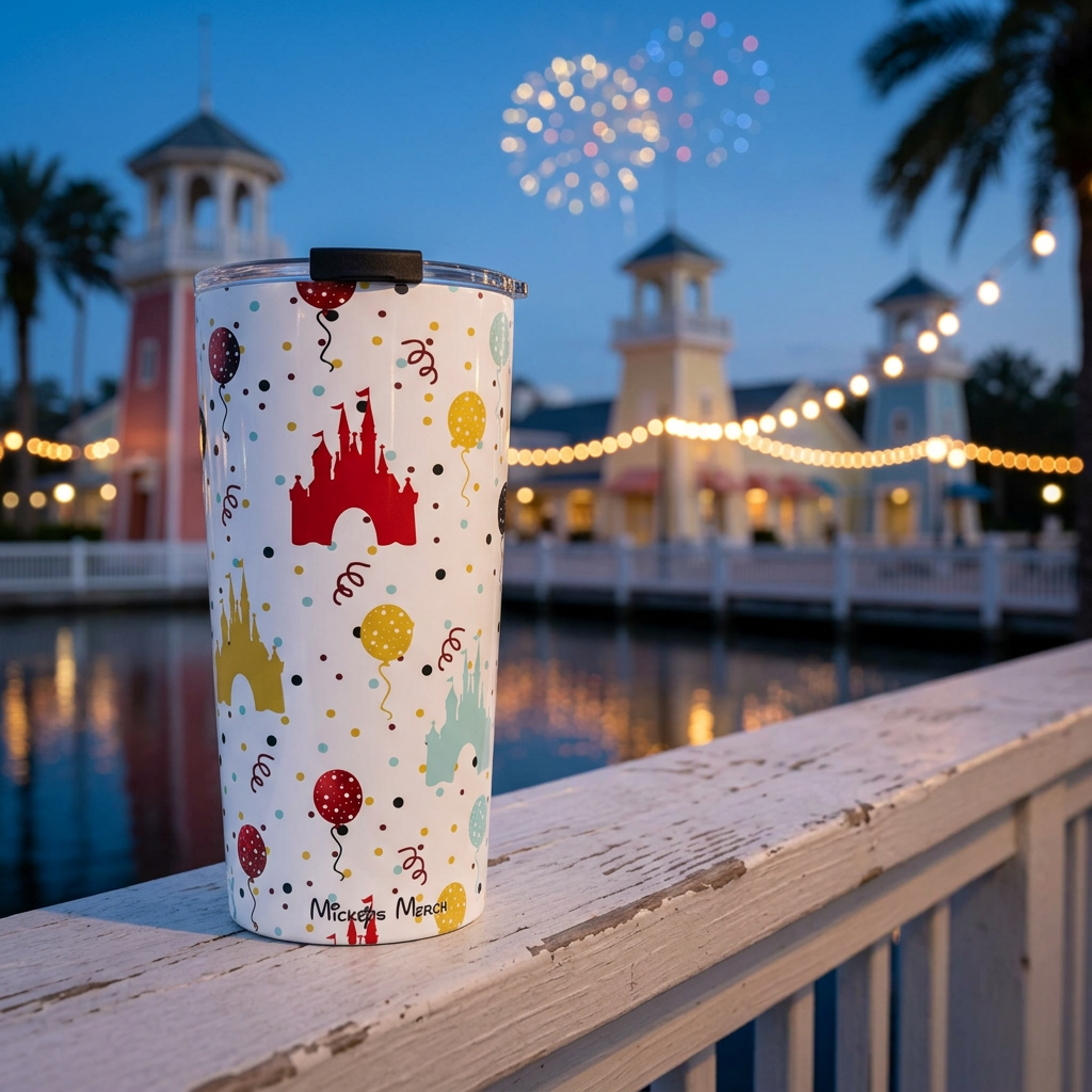 Castle Celebration tumbler overlooking a festive illuminated waterfront
