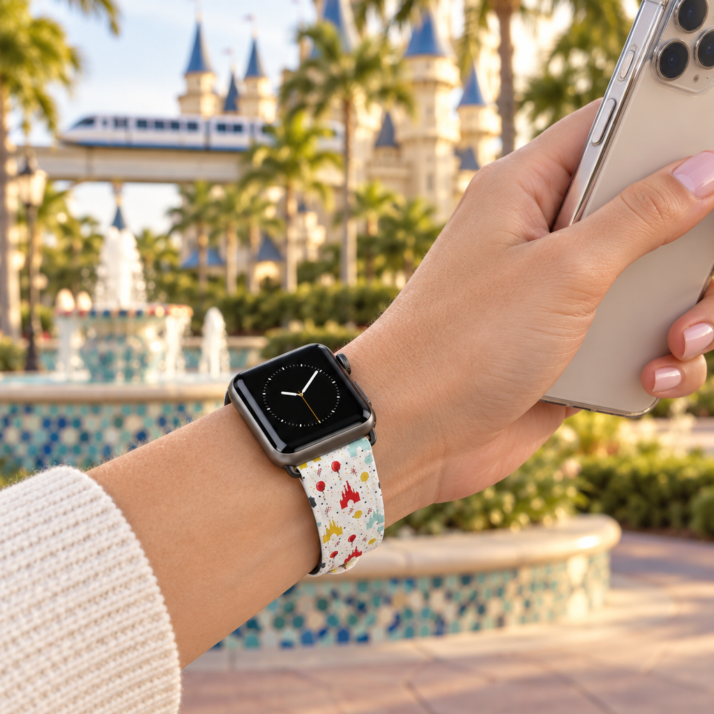 Castle Celebration watchband along a resort pathway