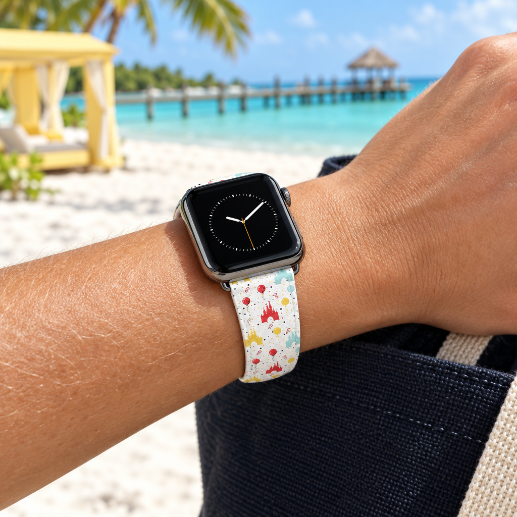 Castle Celebration watchband at a tropical beach
