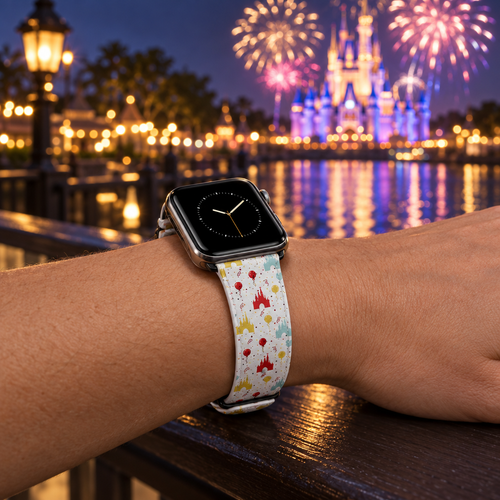 Castle Celebration watchband with an illuminated castle and fireworks
