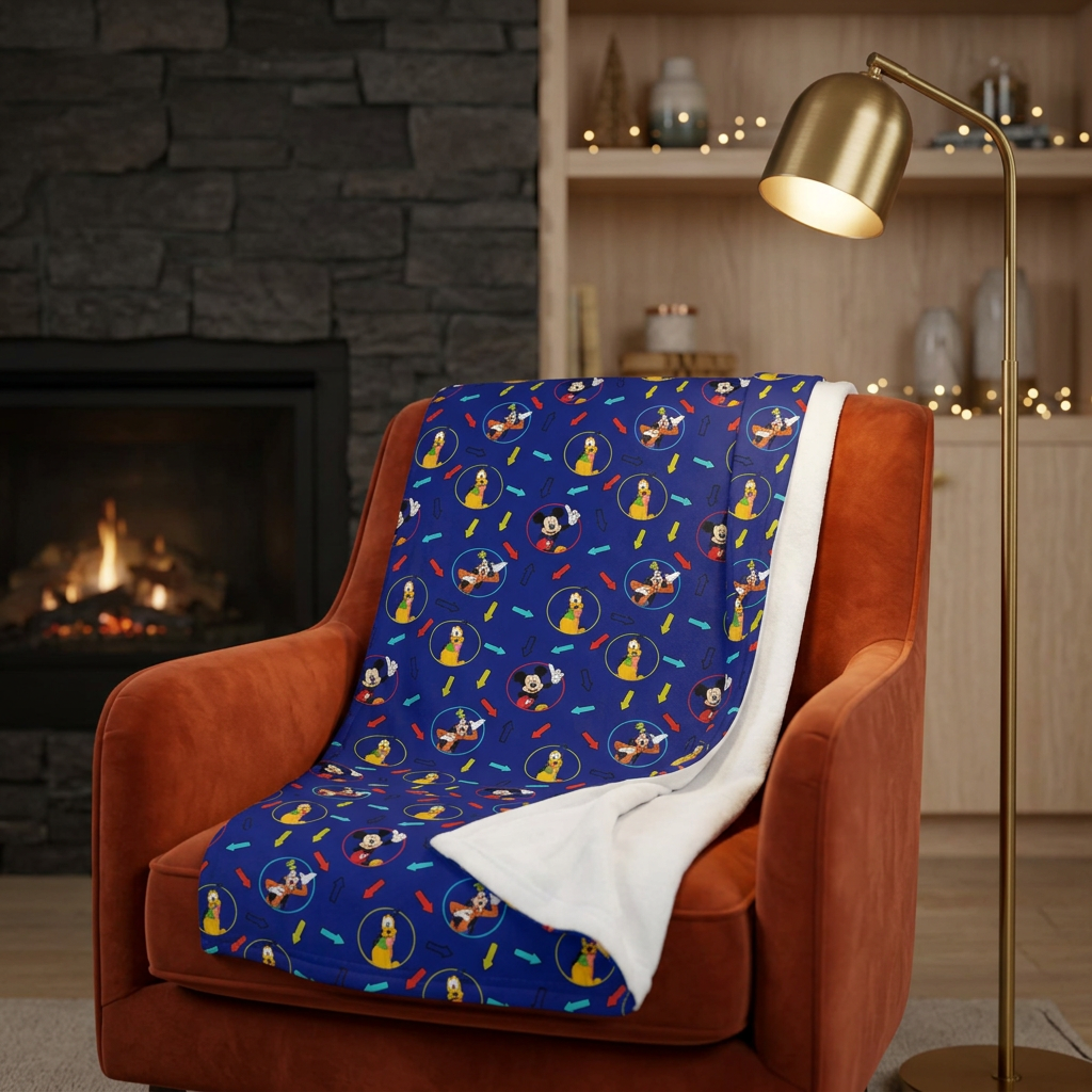 Character Arrows blanket on a burnt-orange fireside armchair