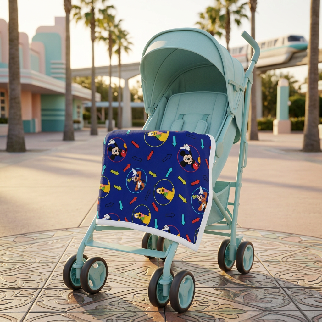 Character Arrows blanket on an aqua stroller in a park plaza