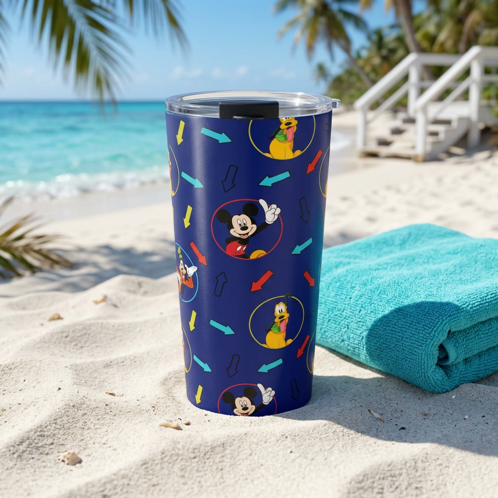 Character Arrows tumbler beside a turquoise towel on a tropical beach