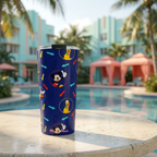 Character Arrows tumbler beside an aqua art-deco resort pool
