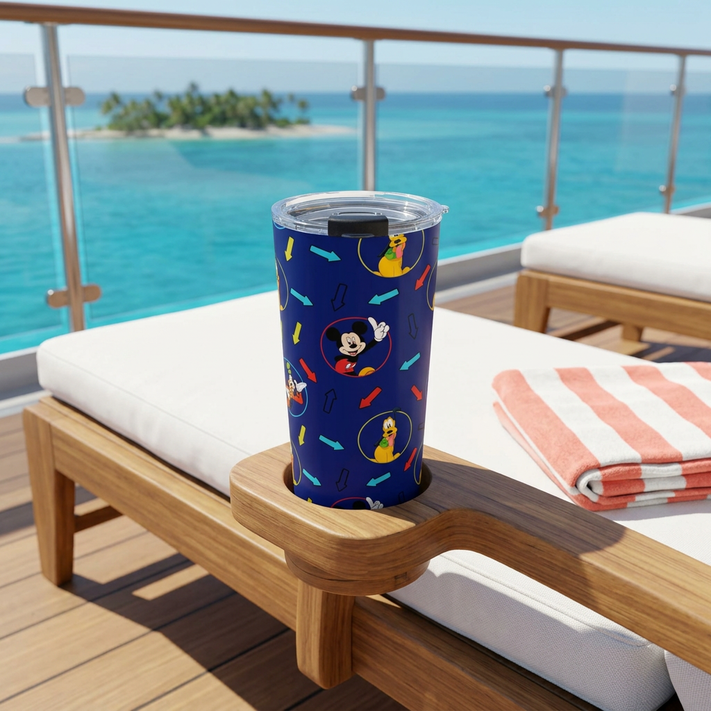 Character Arrows tumbler on a cruise lounger overlooking a tropical cay