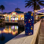 Character Arrows tumbler overlooking a glowing seaside arcade pavilion