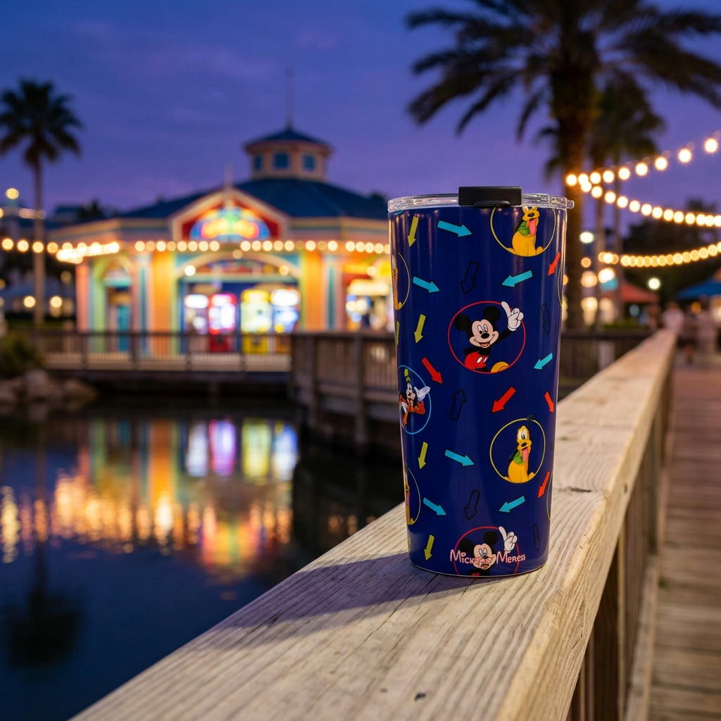 Character Arrows tumbler overlooking a glowing seaside arcade pavilion