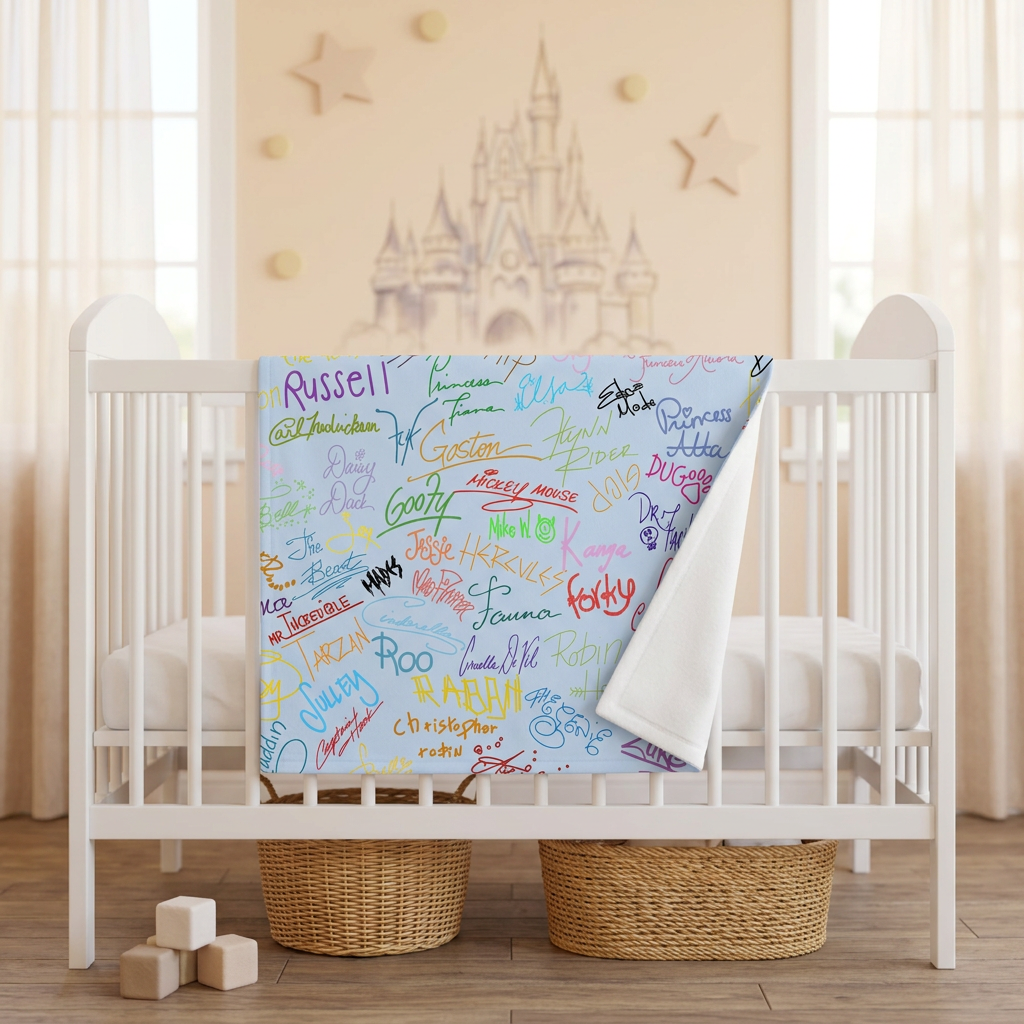 Character Autographs on Blue blanket in an apricot nursery