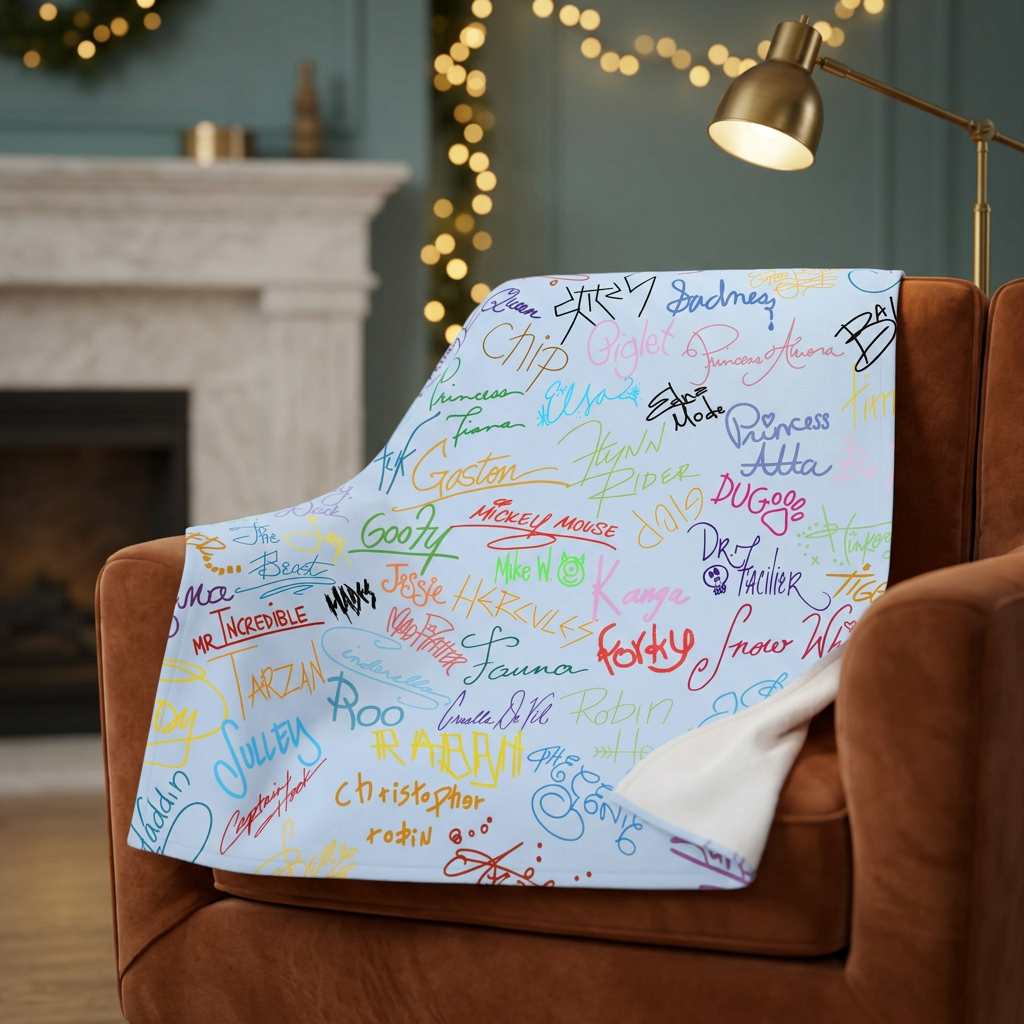 Character Autographs on Blue blanket on a cinnamon velvet fireside chair