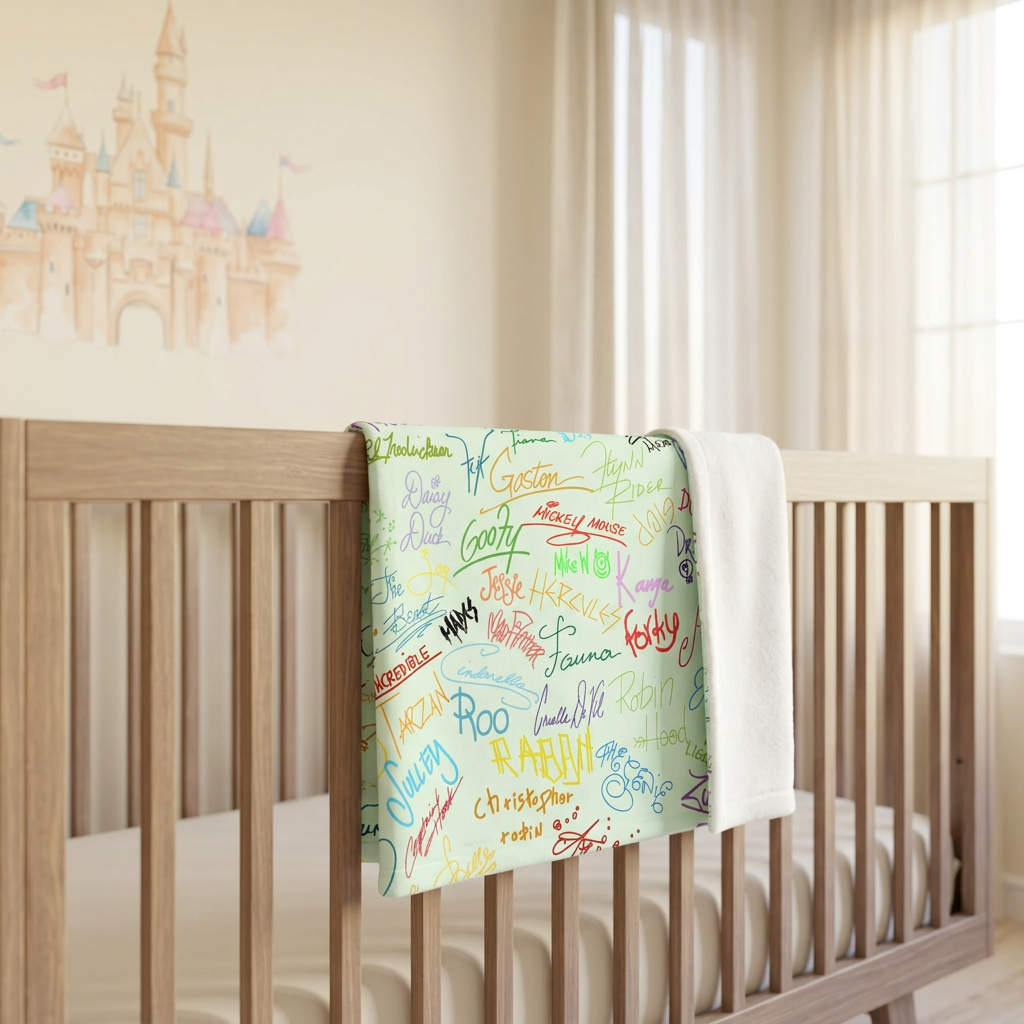 Character Autographs on Green blanket in a cream nursery
