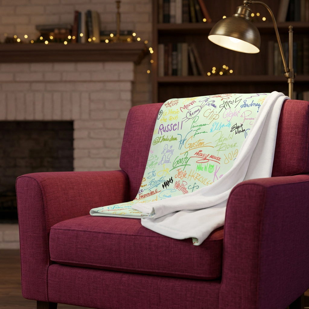 Character Autographs on Green blanket on a berry-colored fireside chair