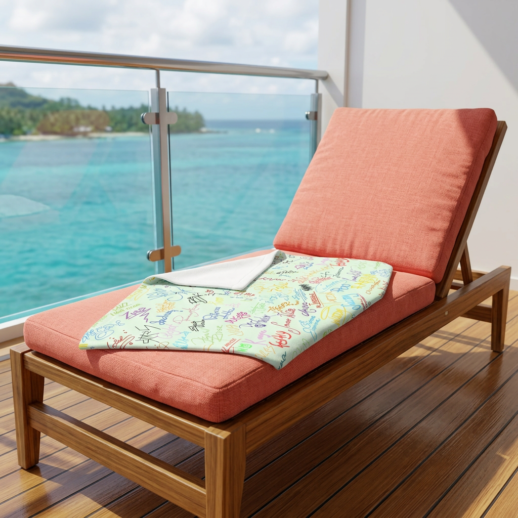 Character Autographs on Green blanket on a cruise balcony lounge chair