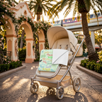 Character Autographs on Green blanket on a stroller in a park garden