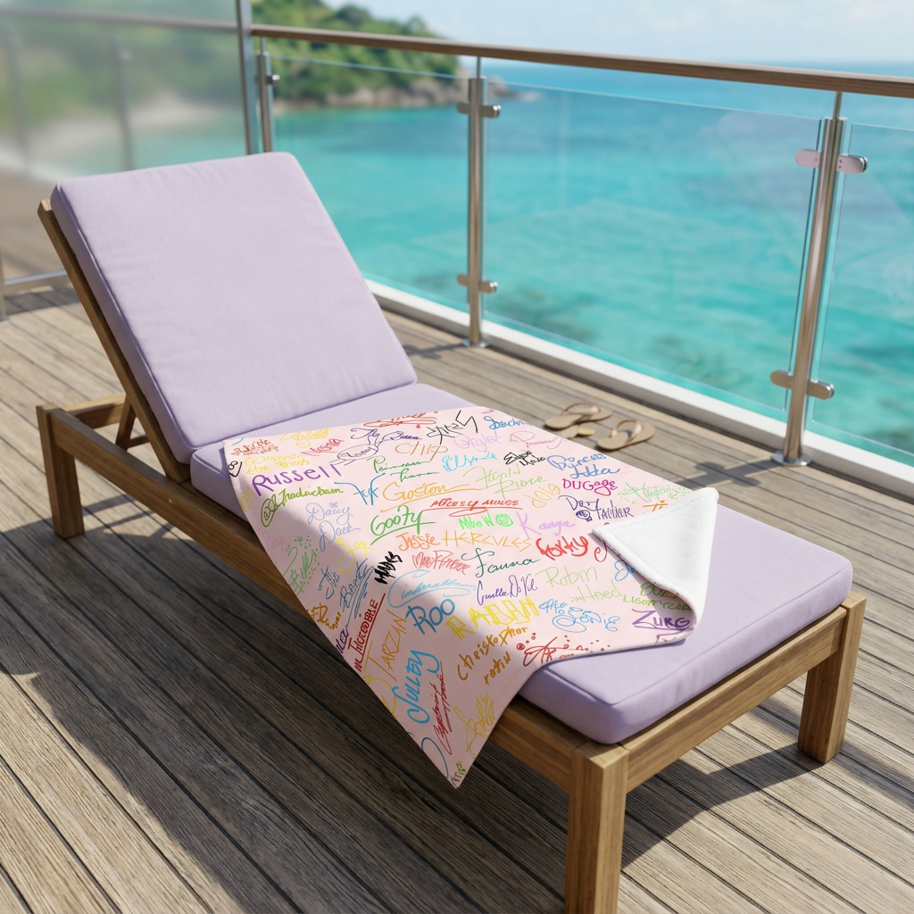 Character Autographs on Pink blanket on a cruise balcony lounge chair