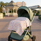 Character Autographs on Pink blanket on a sage stroller beside a park gazebo