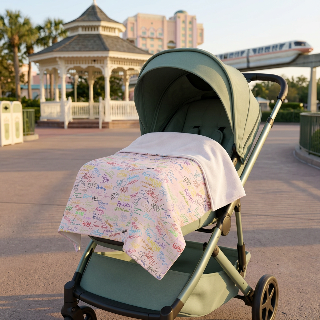 Character Autographs on Pink blanket on a sage stroller beside a park gazebo
