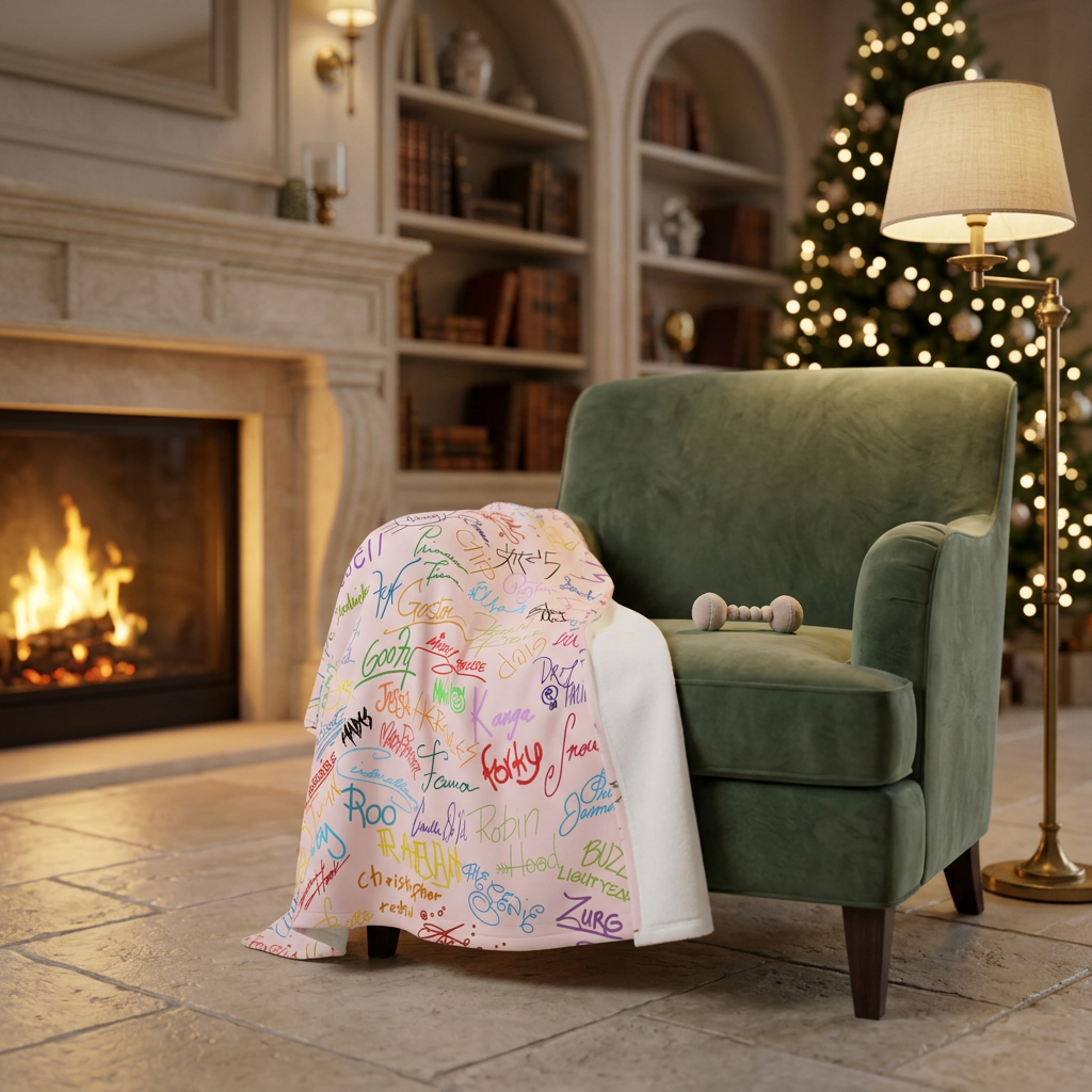 Character Autographs on Pink blanket on a sage velvet fireside chair