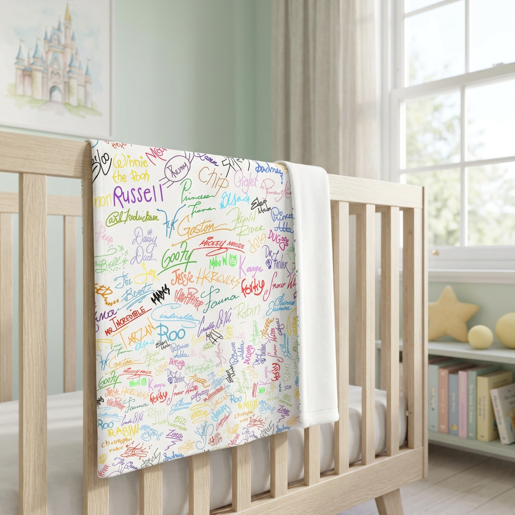 Character Autographs on White blanket in a mint nursery