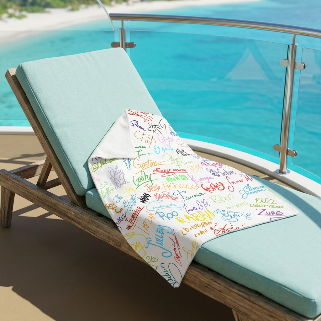 Character Autographs on White blanket on a cruise balcony lounge chair