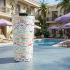 Character Autographs tumbler beside a French-inspired resort courtyard pool