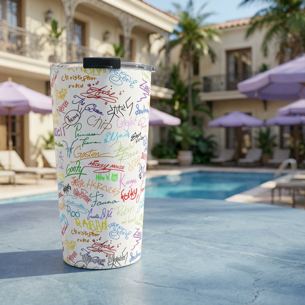 Character Autographs tumbler beside a French-inspired resort courtyard pool