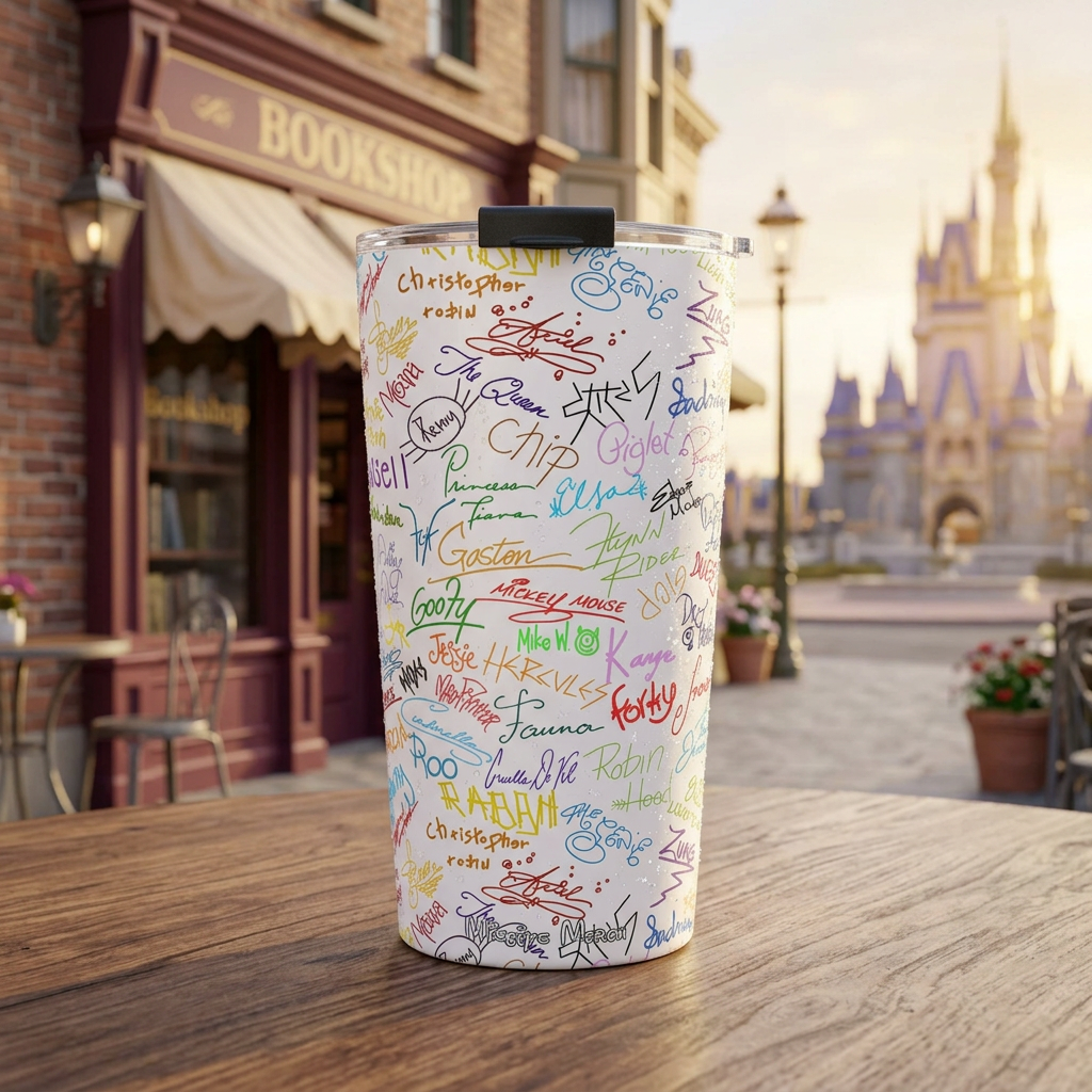 Character Autographs tumbler outside a Victorian bookshop