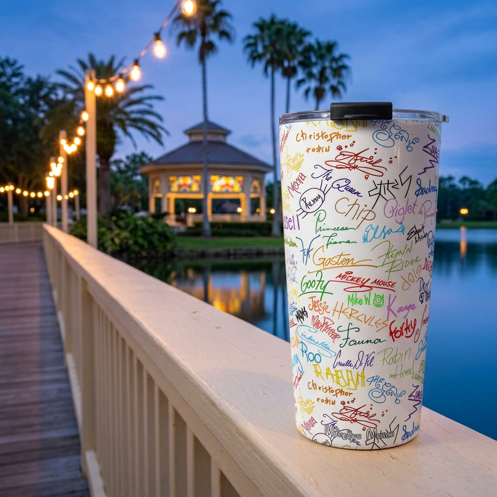 Character Autographs tumbler overlooking a glowing lakeside music pavilion